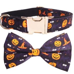Halloween Dog Collar w/  Removable Cute Bow Tie Pumpkin Print New